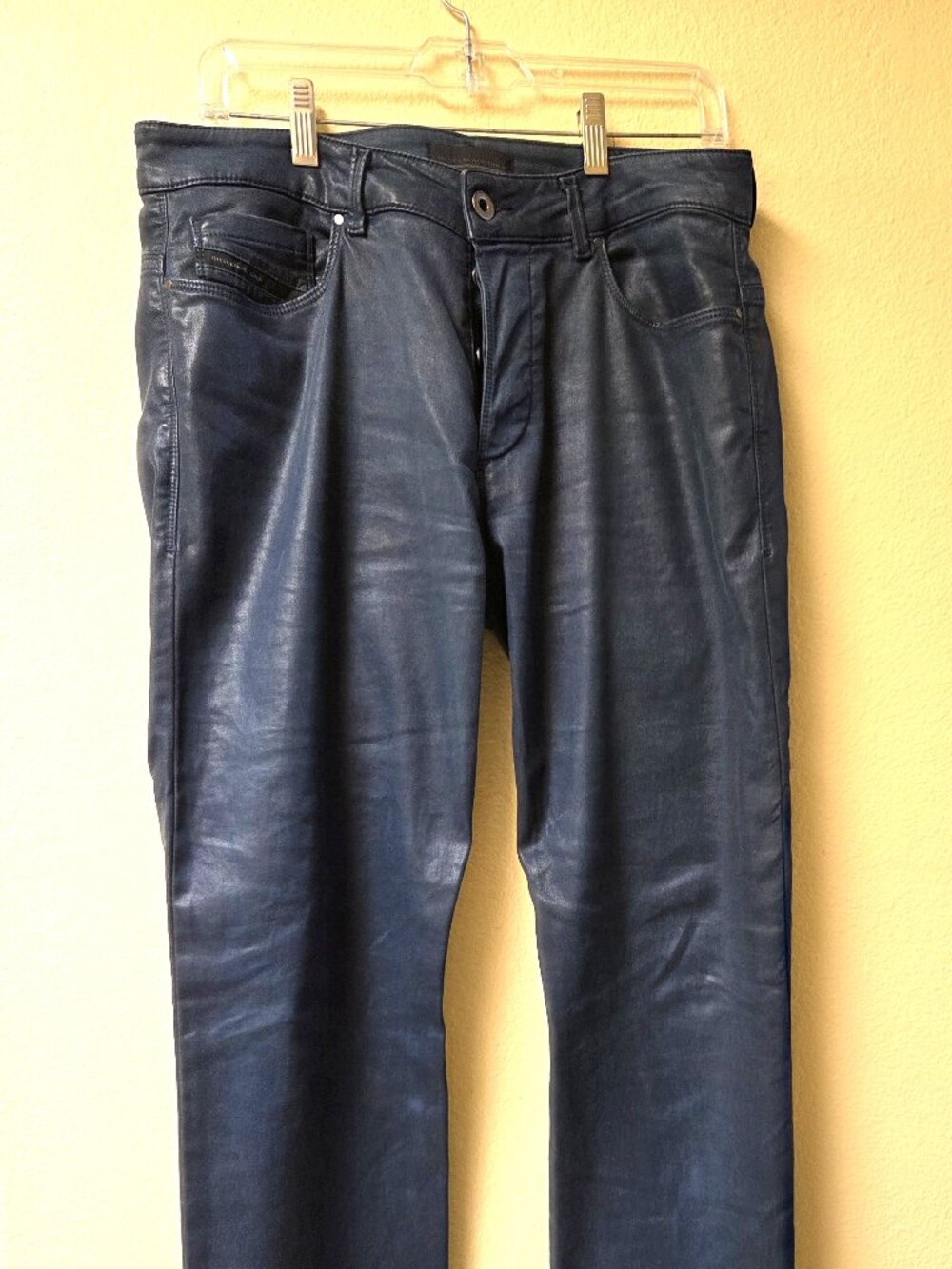 Mens Diesel Blue Leather Look Stretch Cotton Pants